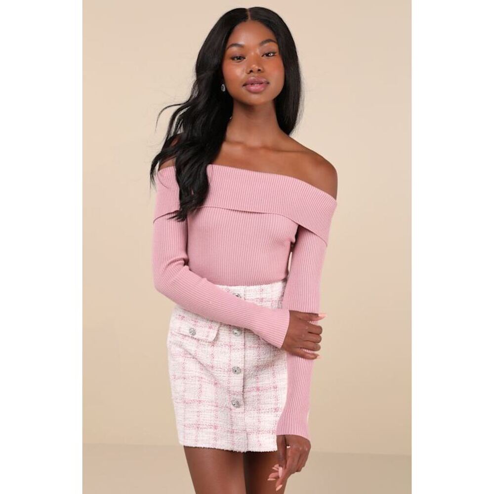 Lulus Casual Admiration Mauve Ribbed Off-the-shoulder Sweater Top Pink - Size L